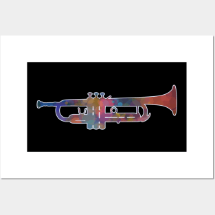 Trumpet Silhouette: Rainbow Watercolor Posters and Art